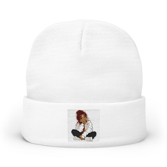 Embroidered Meditating Woman Knit Beanie — Cozy Yoga & Mindfulness Winter Hat