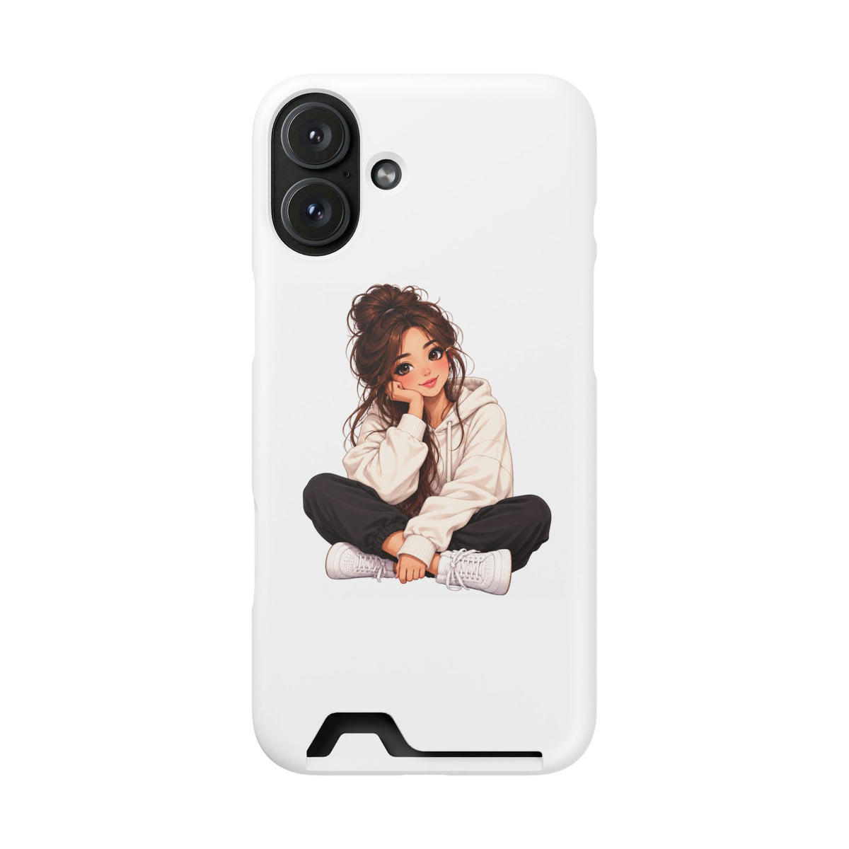 Cute Cozy Girl Phone Case with Card Holder – Anime-Inspired Soft-Hoodie Design
