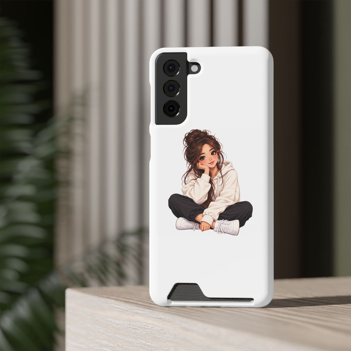 Cute Cozy Girl Phone Case with Card Holder – Anime-Inspired Soft-Hoodie Design