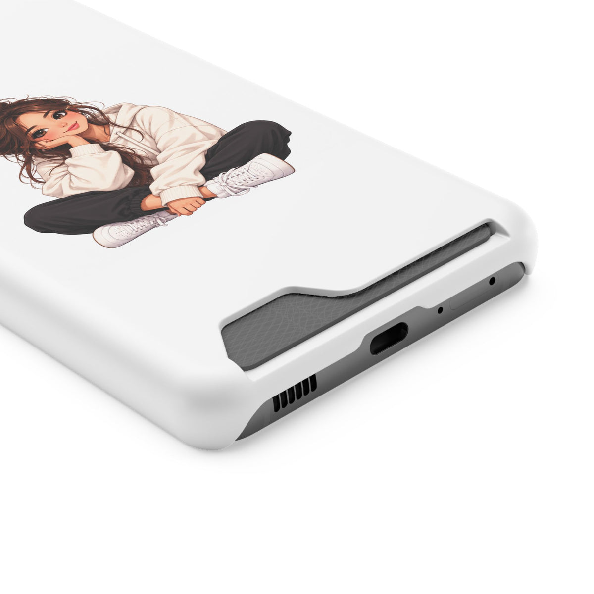 Cute Cozy Girl Phone Case with Card Holder – Anime-Inspired Soft-Hoodie Design