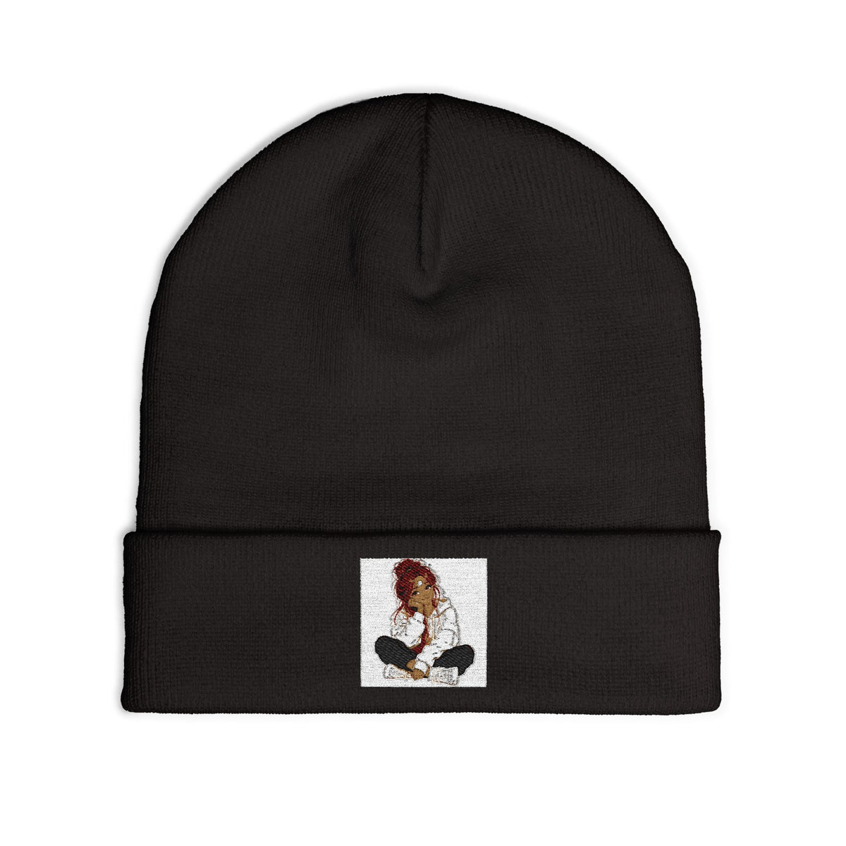 Embroidered Meditating Woman Knit Beanie — Cozy Yoga & Mindfulness Winter Hat