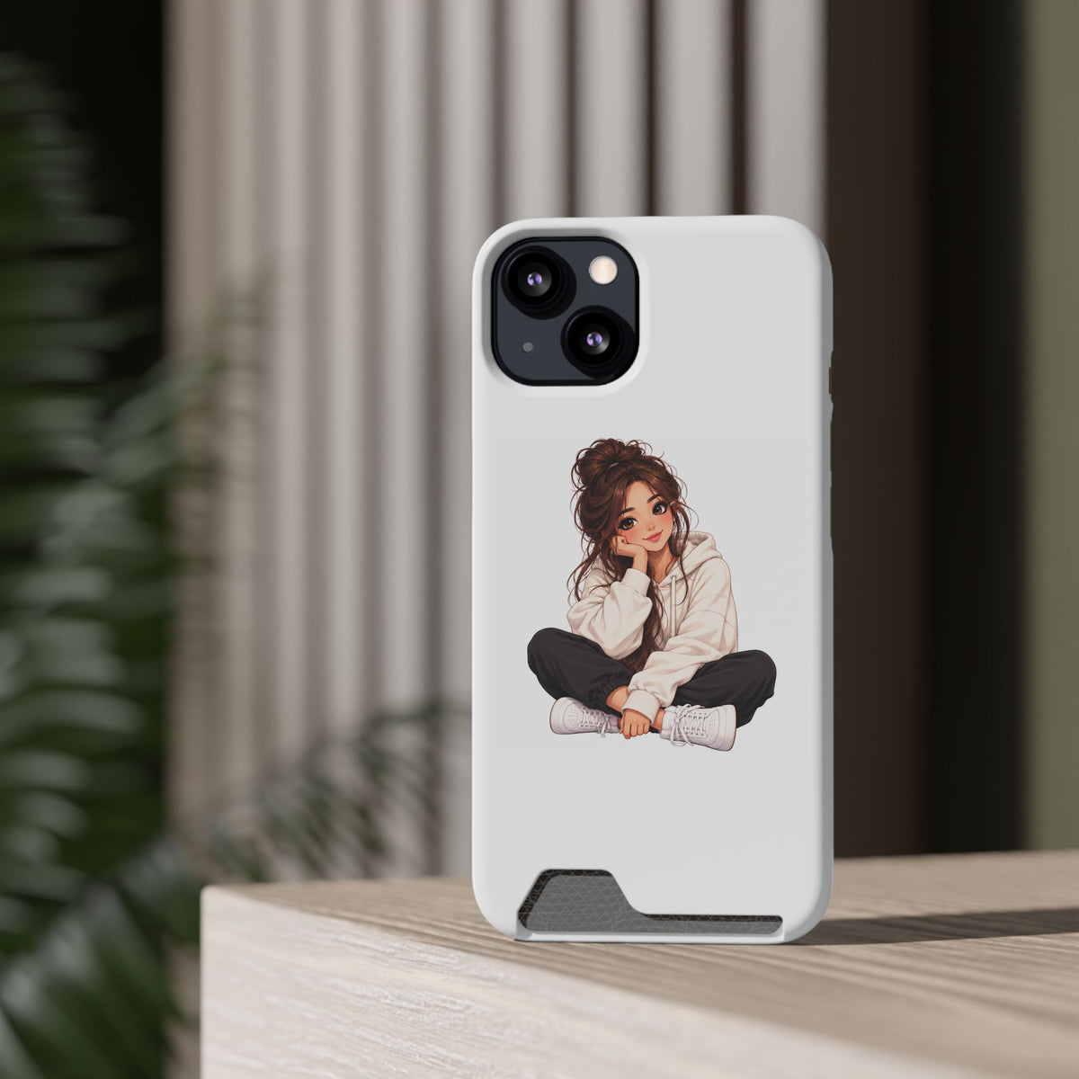Cute Cozy Girl Phone Case with Card Holder – Anime-Inspired Soft-Hoodie Design