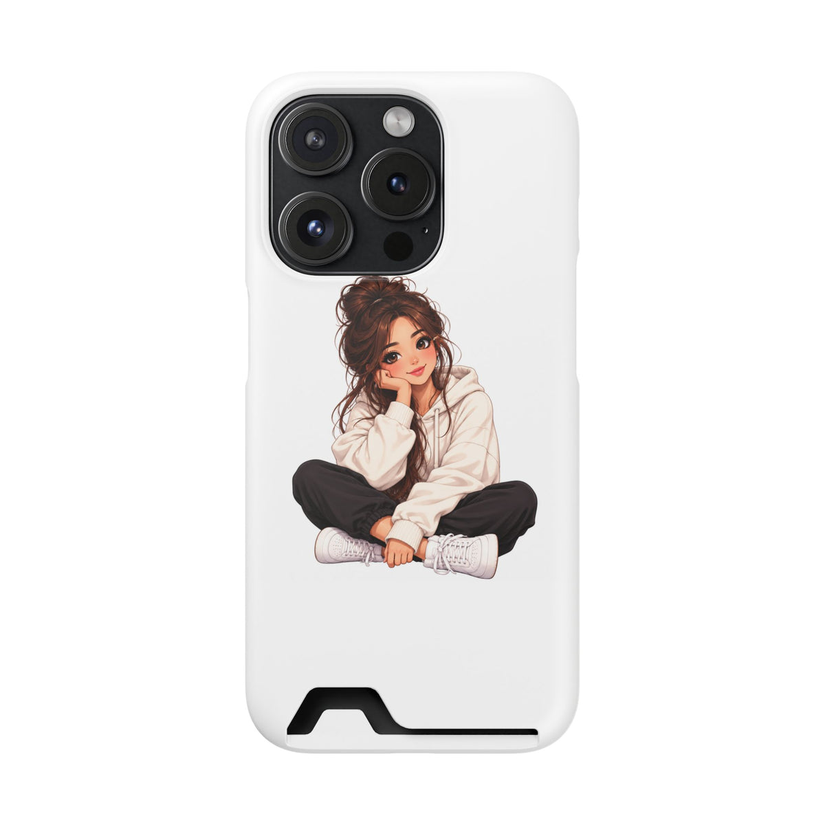Cute Cozy Girl Phone Case with Card Holder – Anime-Inspired Soft-Hoodie Design