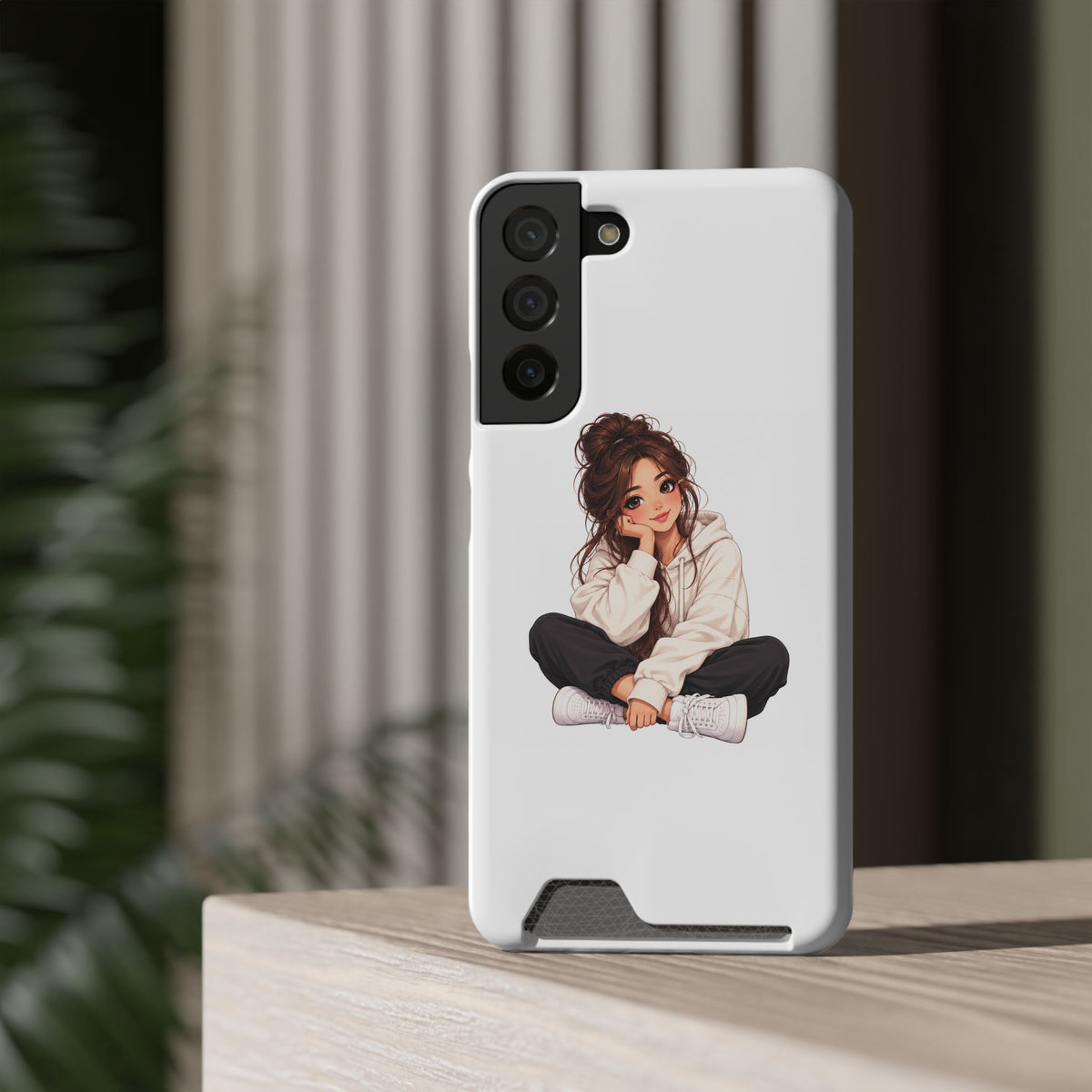Cute Cozy Girl Phone Case with Card Holder – Anime-Inspired Soft-Hoodie Design