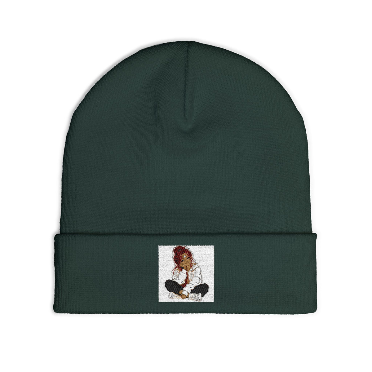 Embroidered Meditating Woman Knit Beanie — Cozy Yoga & Mindfulness Winter Hat