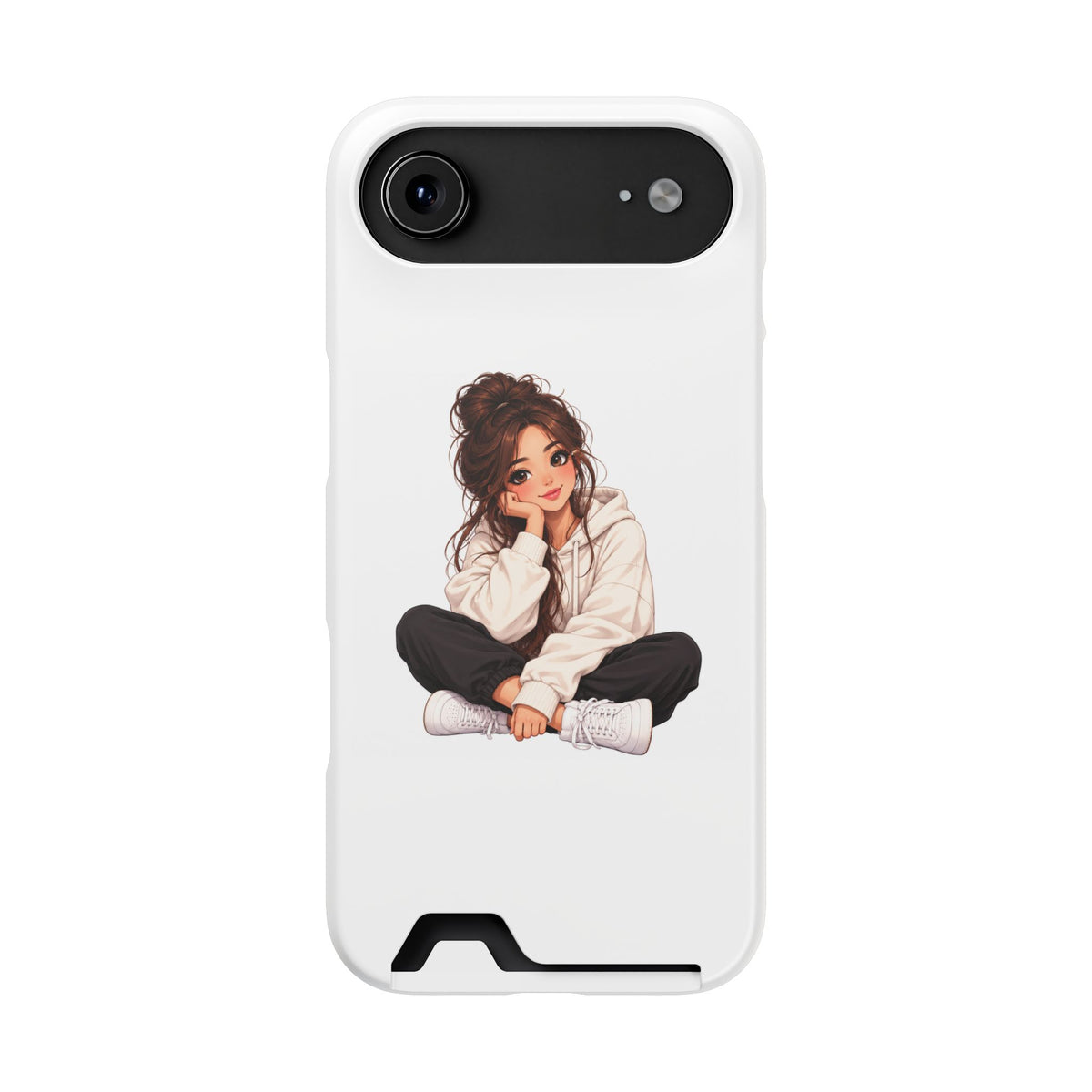 Cute Cozy Girl Phone Case with Card Holder – Anime-Inspired Soft-Hoodie Design
