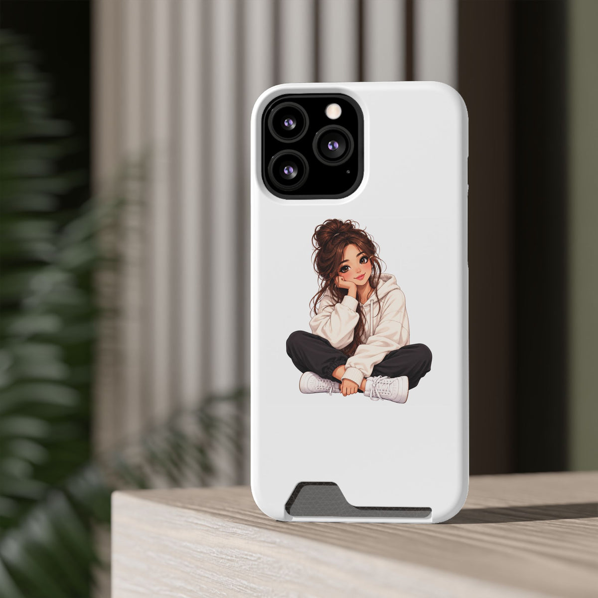 Cute Cozy Girl Phone Case with Card Holder – Anime-Inspired Soft-Hoodie Design