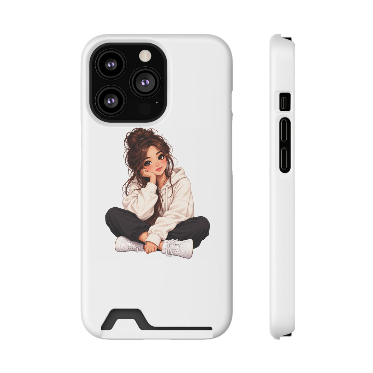 Cute Cozy Girl Phone Case with Card Holder – Anime-Inspired Soft-Hoodie Design