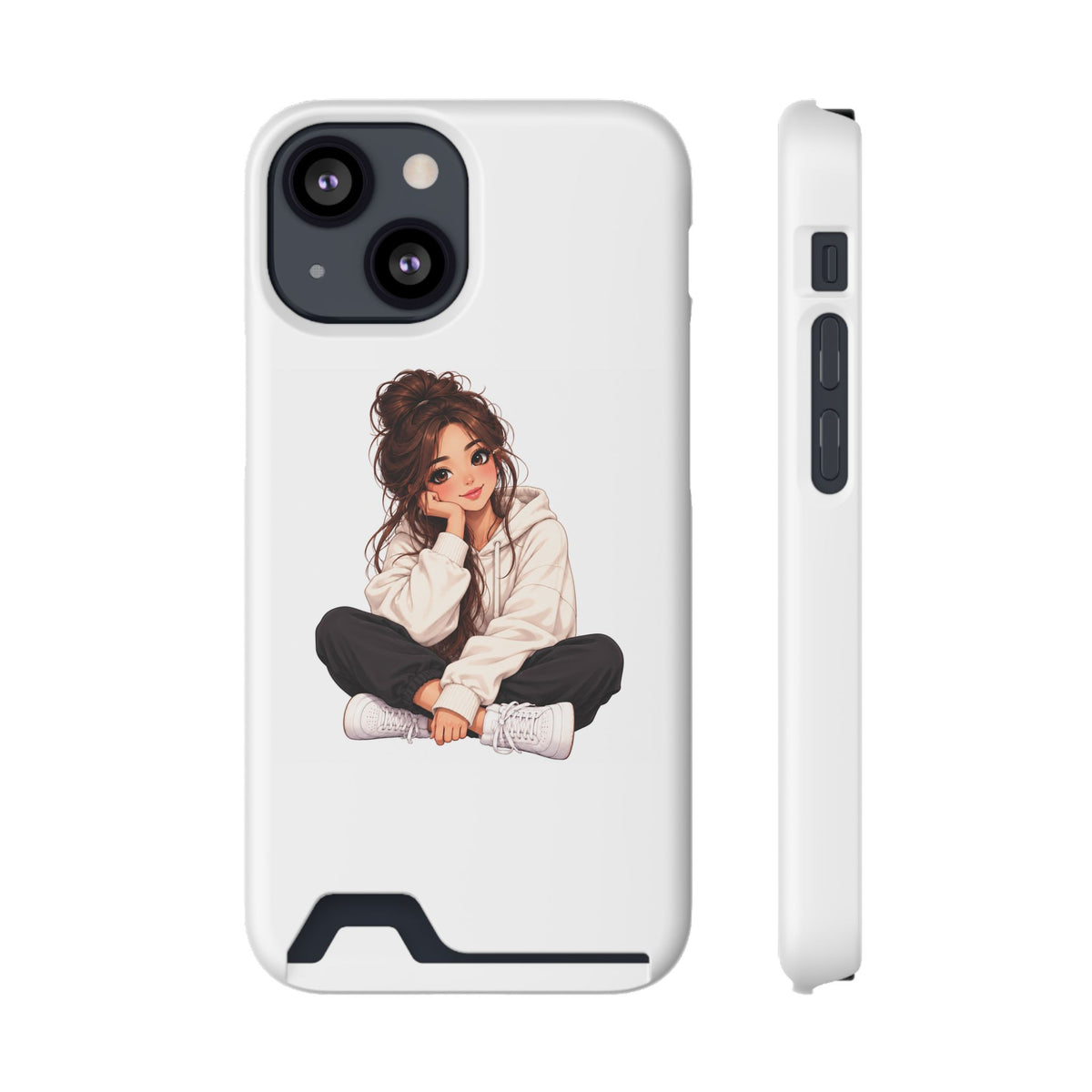 Cute Cozy Girl Phone Case with Card Holder – Anime-Inspired Soft-Hoodie Design