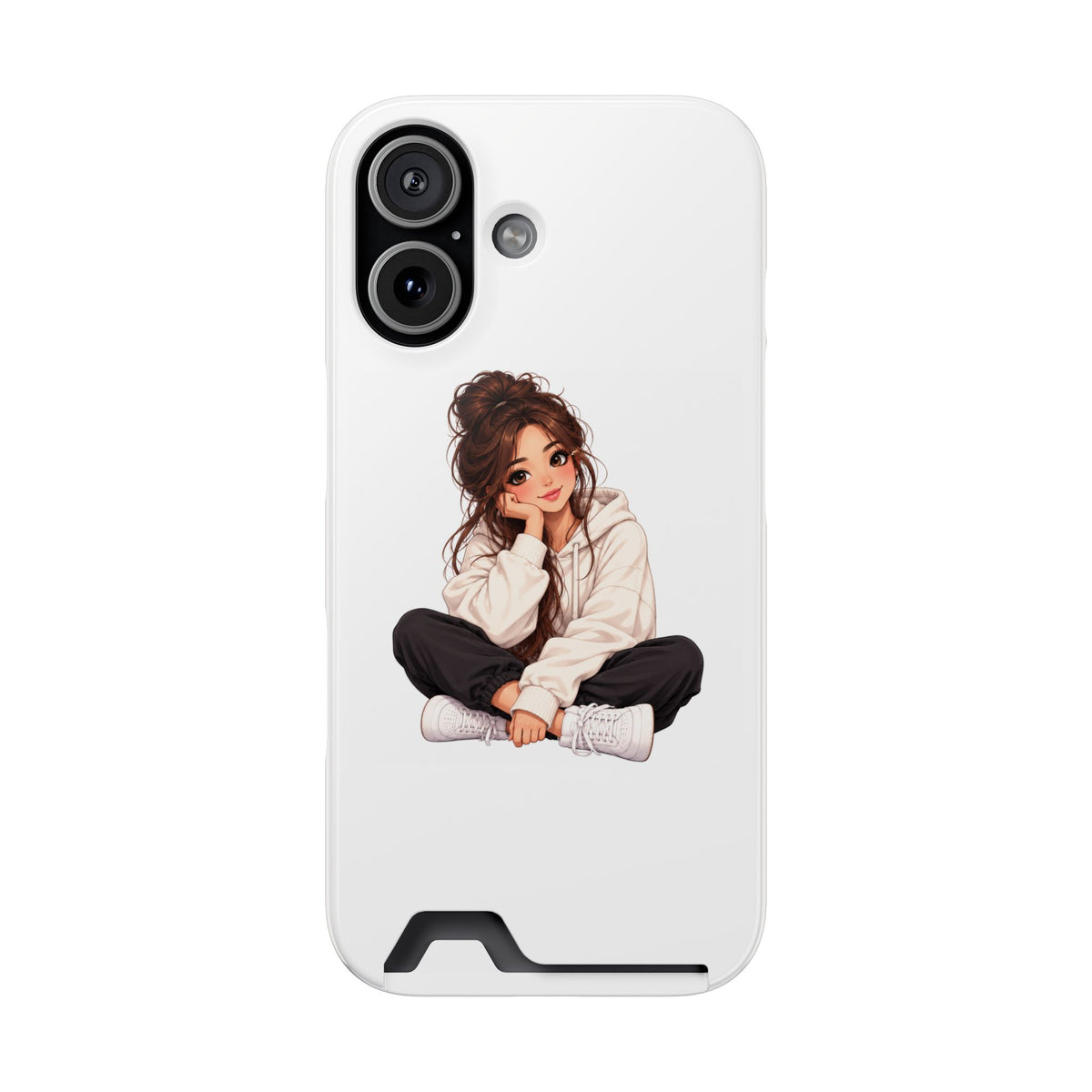 Cute Cozy Girl Phone Case with Card Holder – Anime-Inspired Soft-Hoodie Design