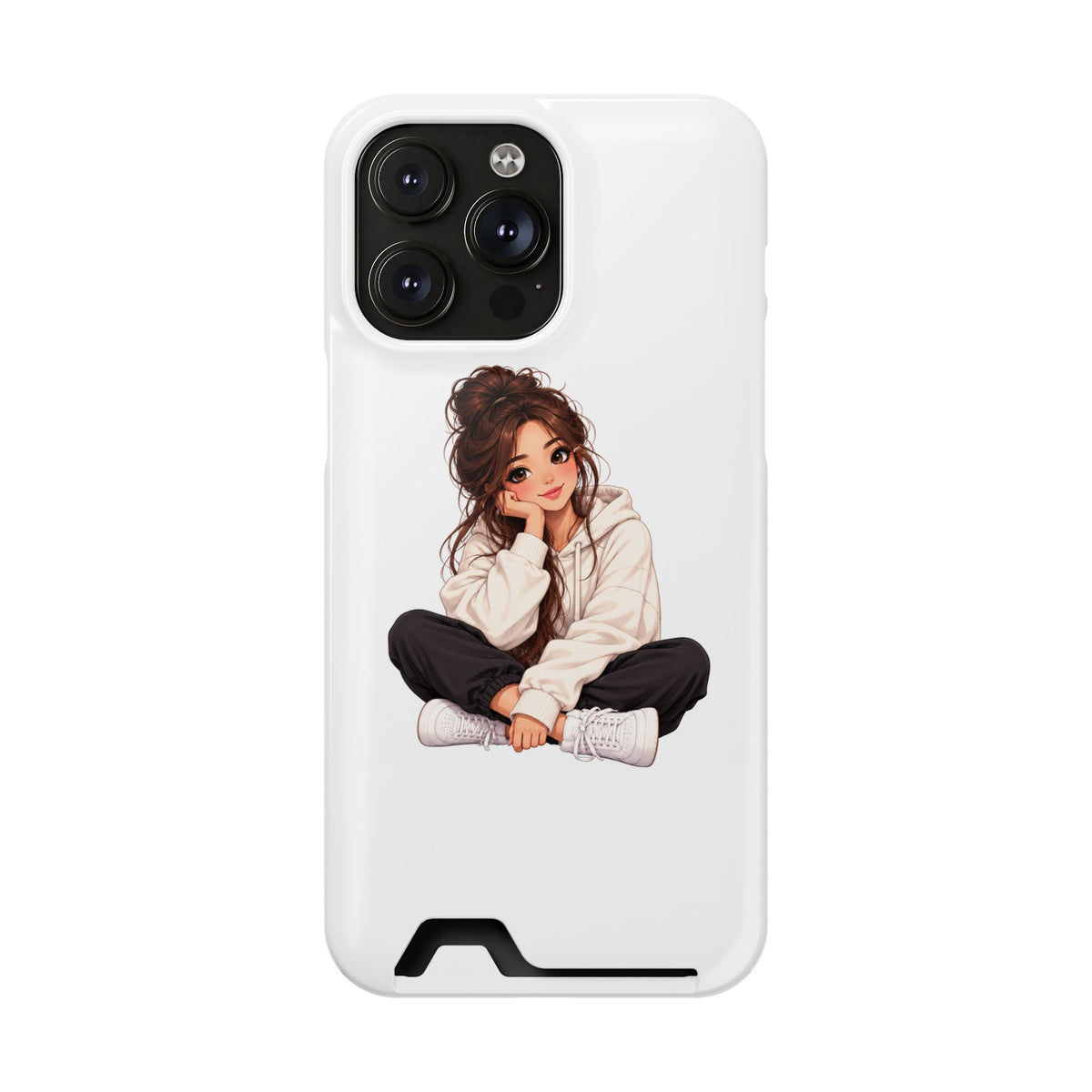 Cute Cozy Girl Phone Case with Card Holder – Anime-Inspired Soft-Hoodie Design