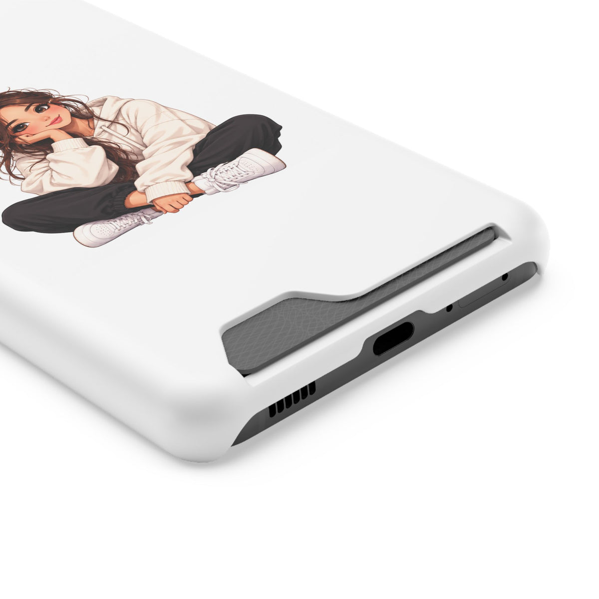 Cute Cozy Girl Phone Case with Card Holder – Anime-Inspired Soft-Hoodie Design