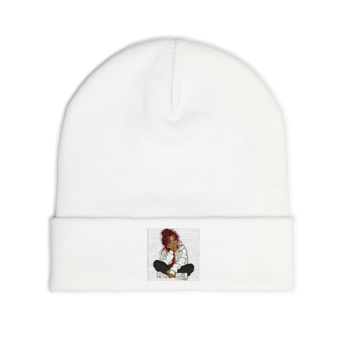 Embroidered Meditating Woman Knit Beanie — Cozy Yoga & Mindfulness Winter Hat