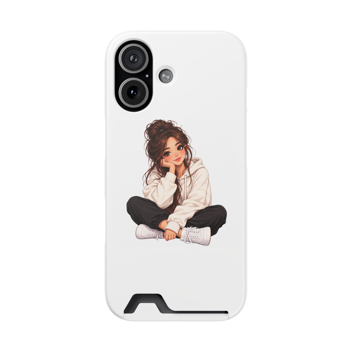 Cute Cozy Girl Phone Case with Card Holder – Anime-Inspired Soft-Hoodie Design