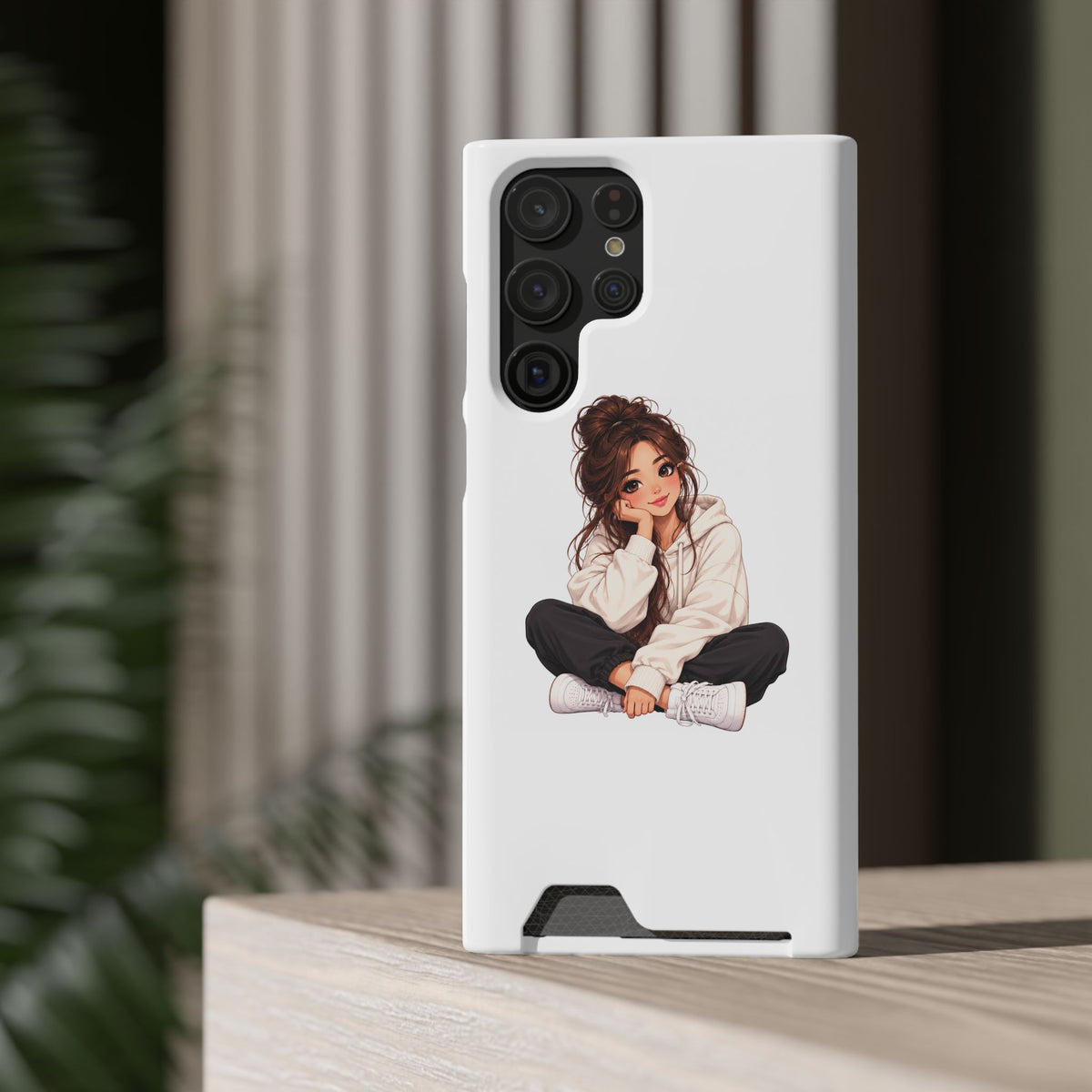 Cute Cozy Girl Phone Case with Card Holder – Anime-Inspired Soft-Hoodie Design