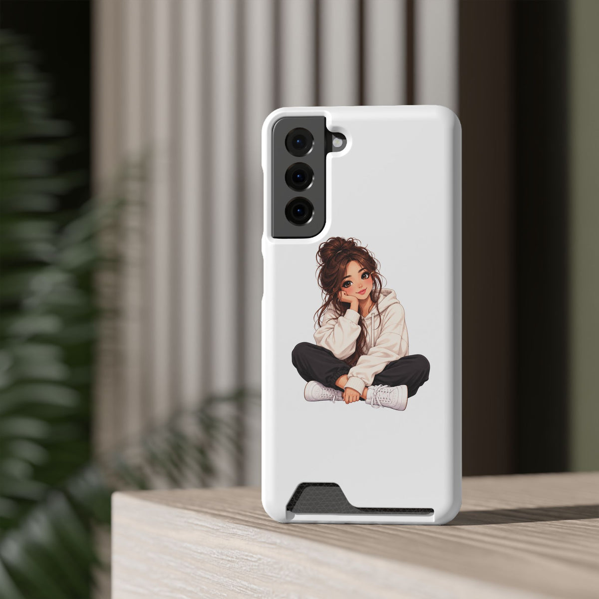 Cute Cozy Girl Phone Case with Card Holder – Anime-Inspired Soft-Hoodie Design
