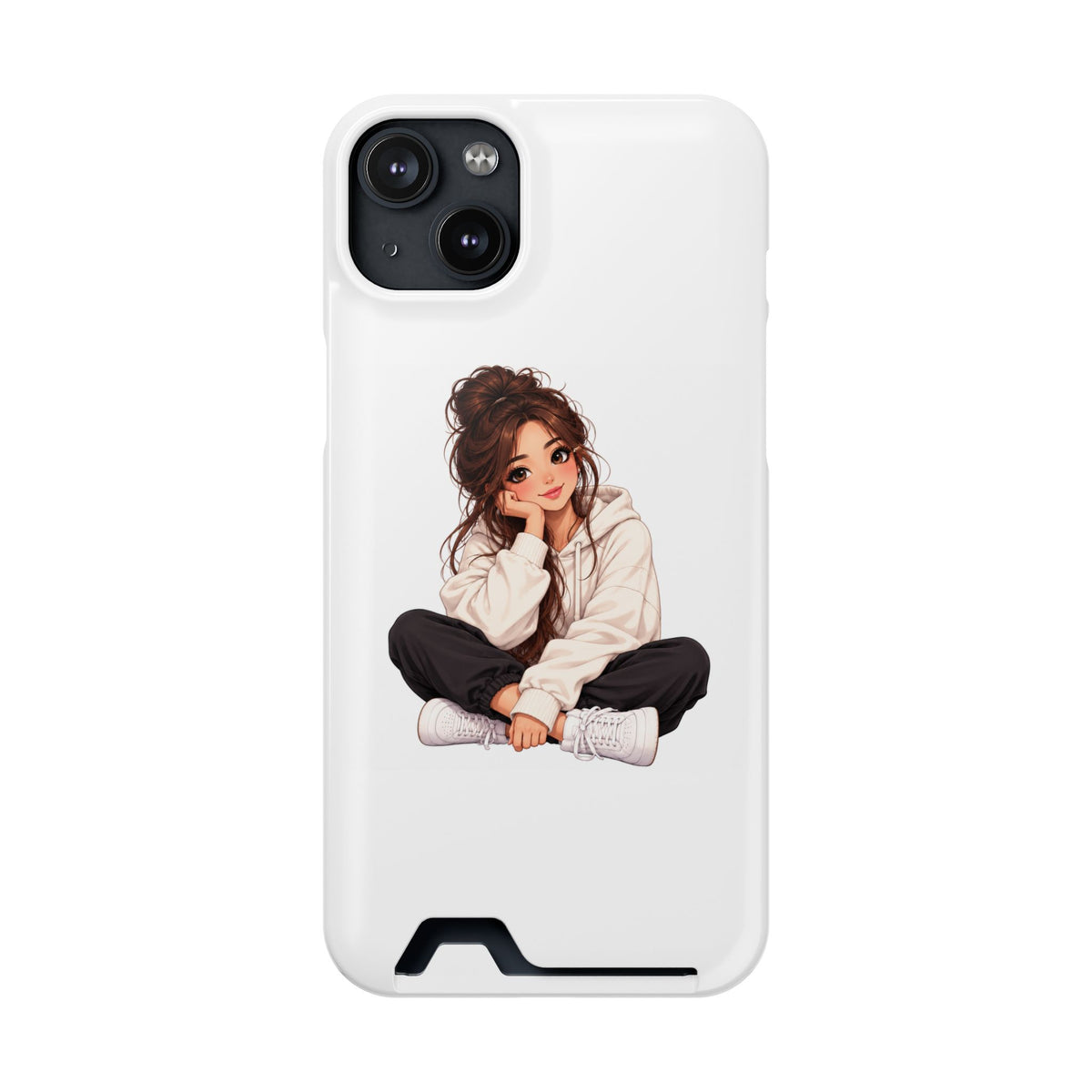 Cute Cozy Girl Phone Case with Card Holder – Anime-Inspired Soft-Hoodie Design
