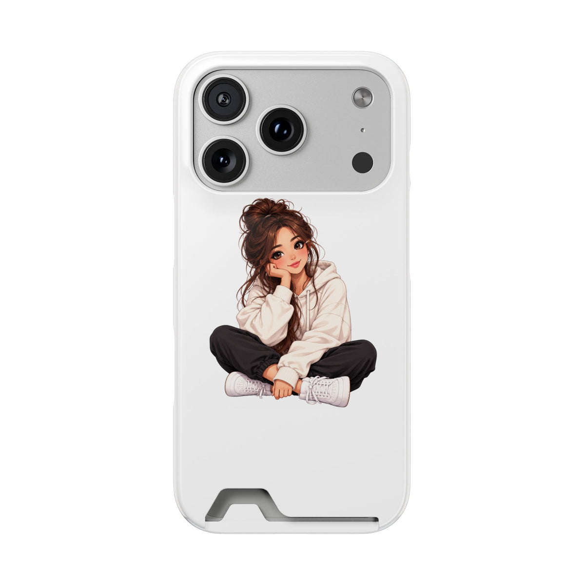 Cute Cozy Girl Phone Case with Card Holder – Anime-Inspired Soft-Hoodie Design