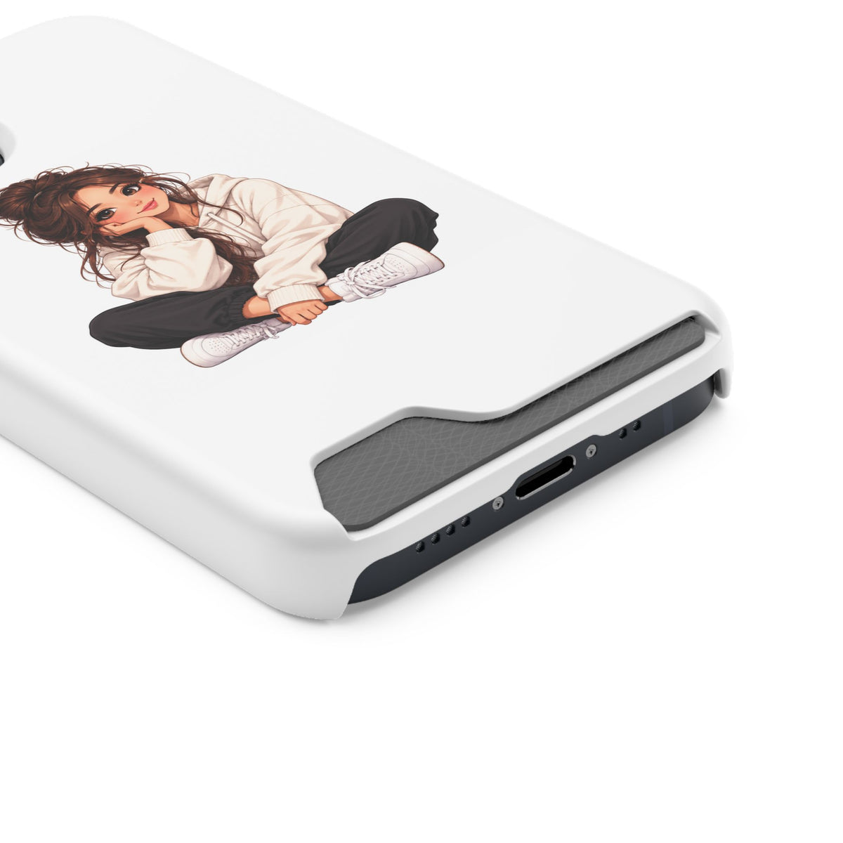 Cute Cozy Girl Phone Case with Card Holder – Anime-Inspired Soft-Hoodie Design