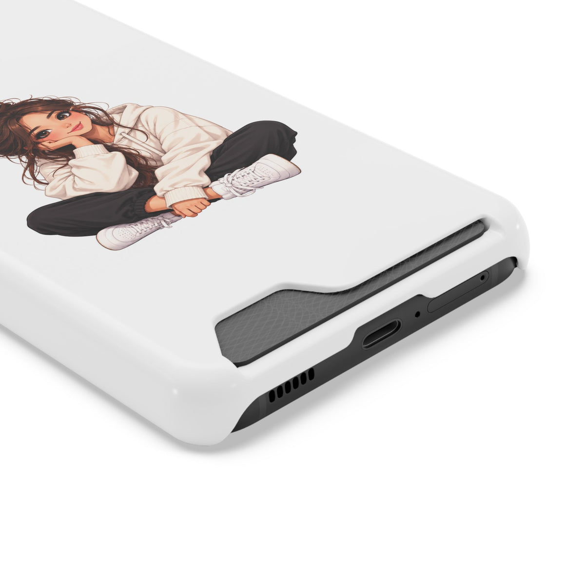 Cute Cozy Girl Phone Case with Card Holder – Anime-Inspired Soft-Hoodie Design