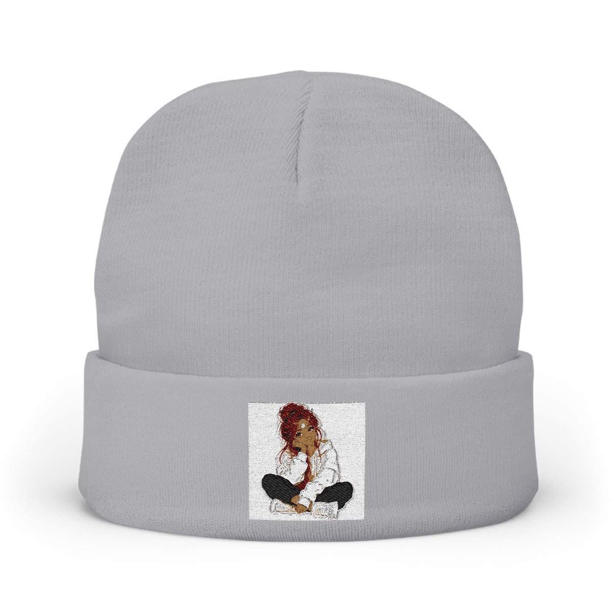 Embroidered Meditating Woman Knit Beanie — Cozy Yoga & Mindfulness Winter Hat