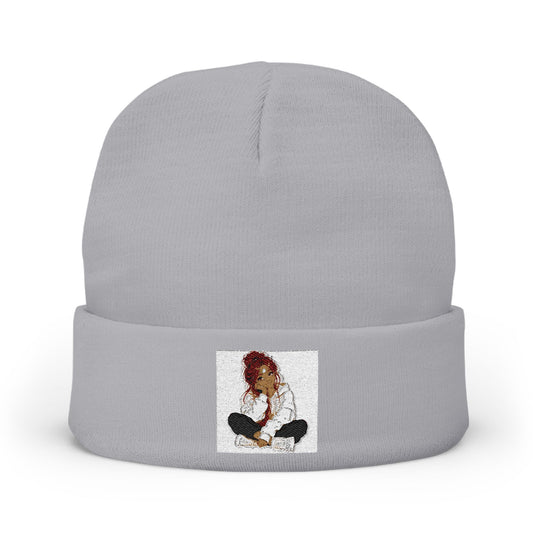 Embroidered Meditating Woman Knit Beanie — Cozy Yoga & Mindfulness Winter Hat