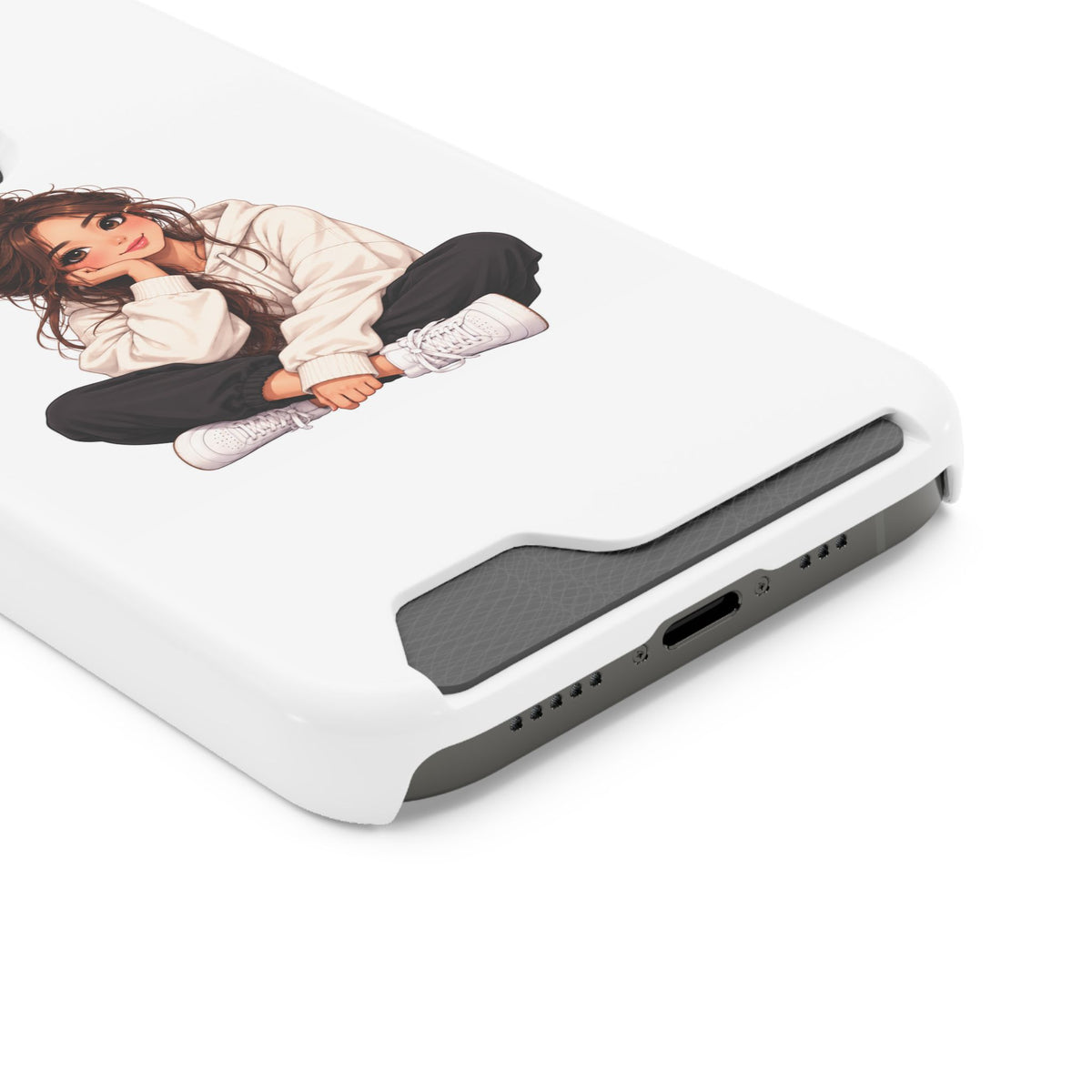 Cute Cozy Girl Phone Case with Card Holder – Anime-Inspired Soft-Hoodie Design