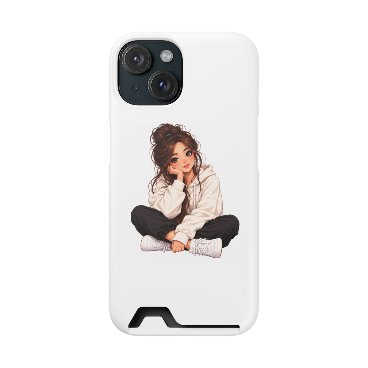 Cute Cozy Girl Phone Case with Card Holder – Anime-Inspired Soft-Hoodie Design