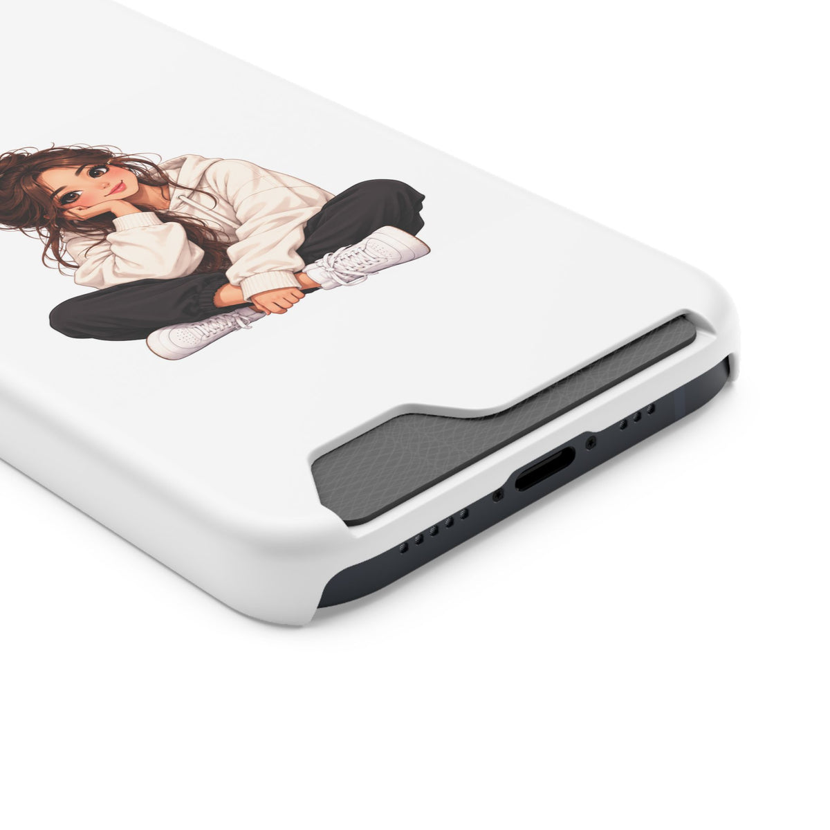 Cute Cozy Girl Phone Case with Card Holder – Anime-Inspired Soft-Hoodie Design
