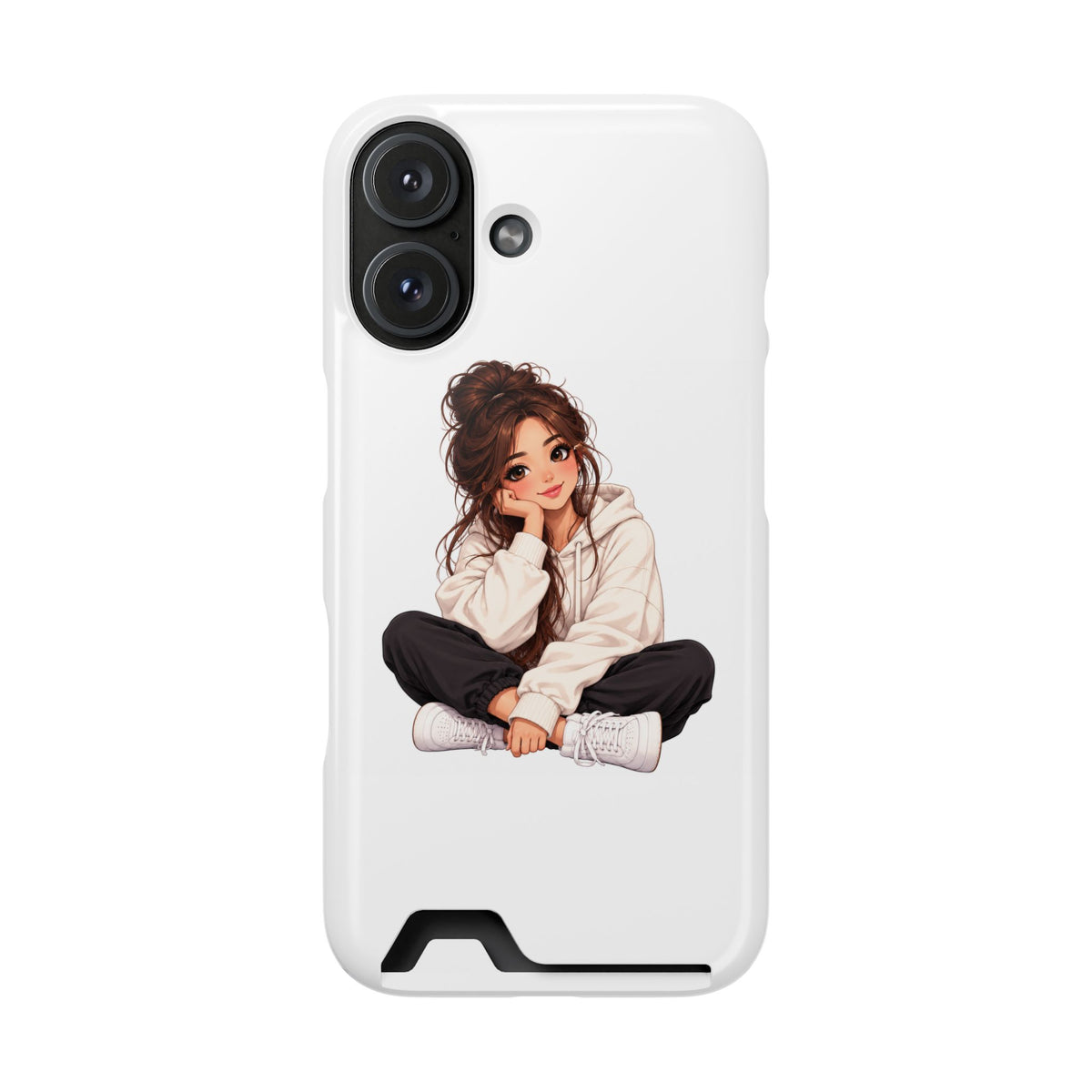 Cute Cozy Girl Phone Case with Card Holder – Anime-Inspired Soft-Hoodie Design
