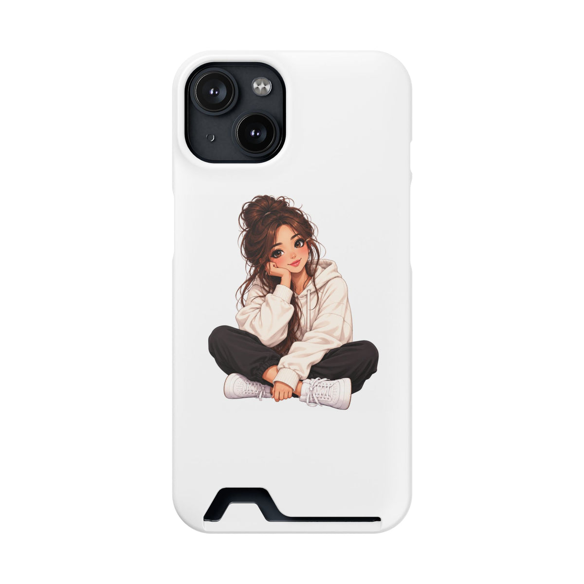 Cute Cozy Girl Phone Case with Card Holder – Anime-Inspired Soft-Hoodie Design