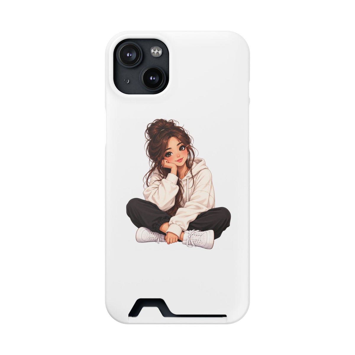 Cute Cozy Girl Phone Case with Card Holder – Anime-Inspired Soft-Hoodie Design