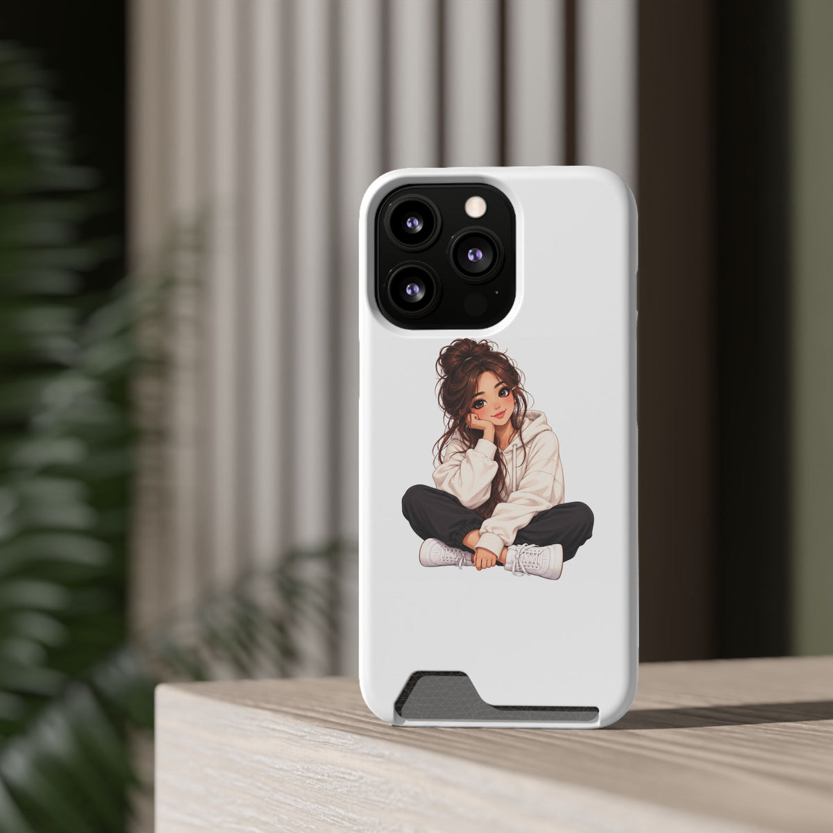 Cute Cozy Girl Phone Case with Card Holder – Anime-Inspired Soft-Hoodie Design