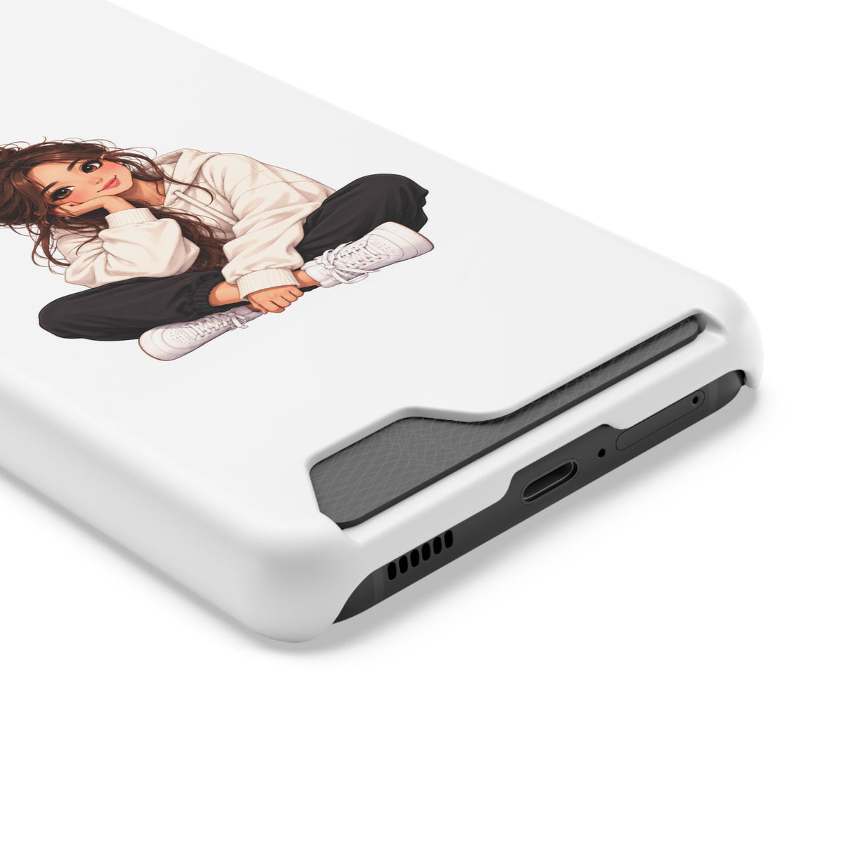 Cute Cozy Girl Phone Case with Card Holder – Anime-Inspired Soft-Hoodie Design
