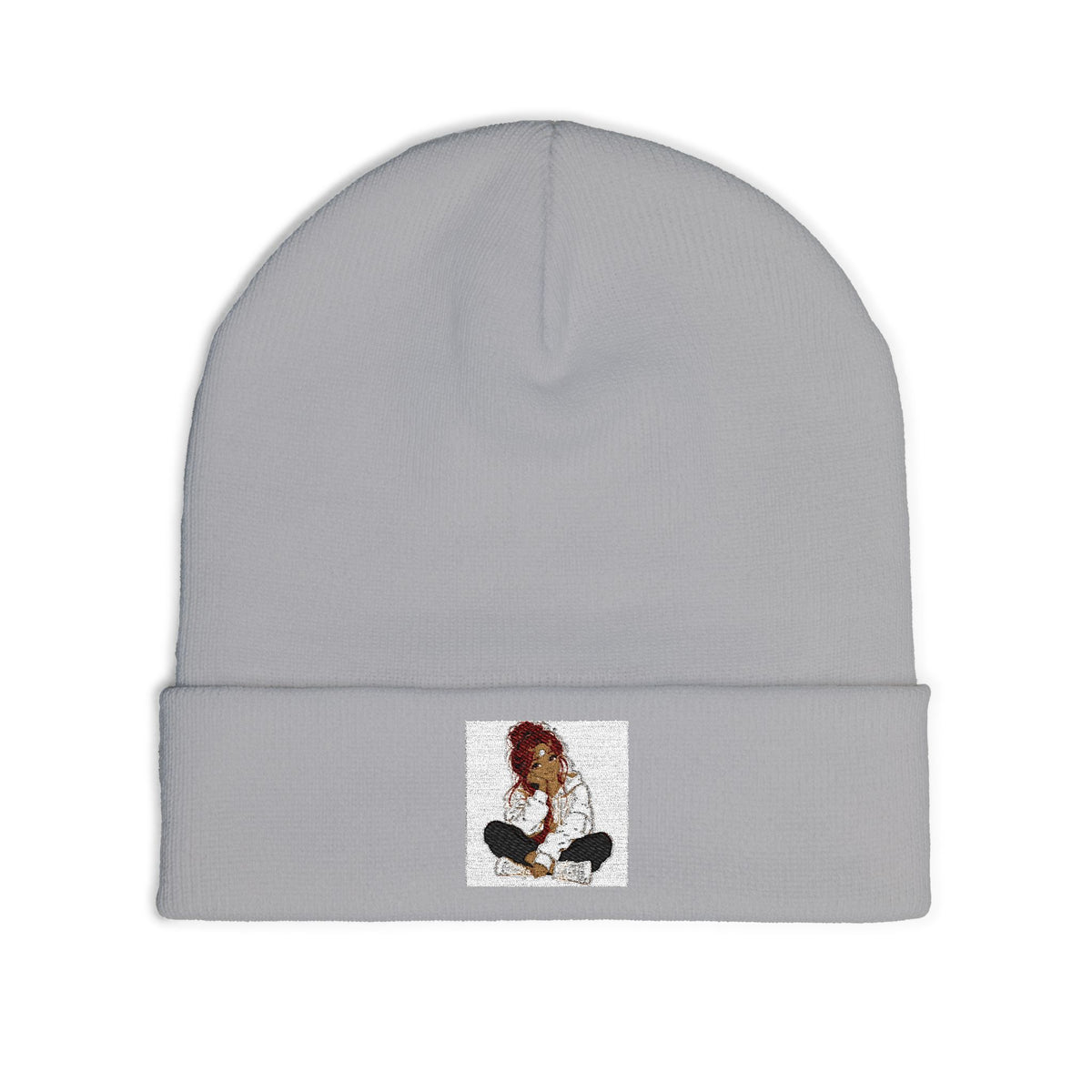 Embroidered Meditating Woman Knit Beanie — Cozy Yoga & Mindfulness Winter Hat
