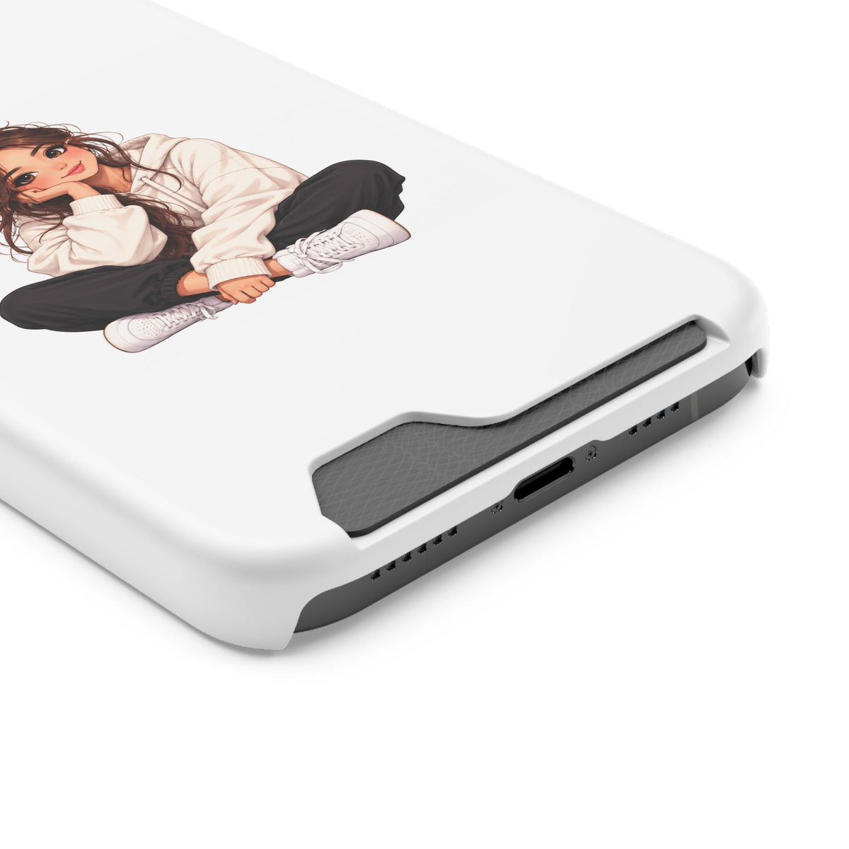 Cute Cozy Girl Phone Case with Card Holder – Anime-Inspired Soft-Hoodie Design