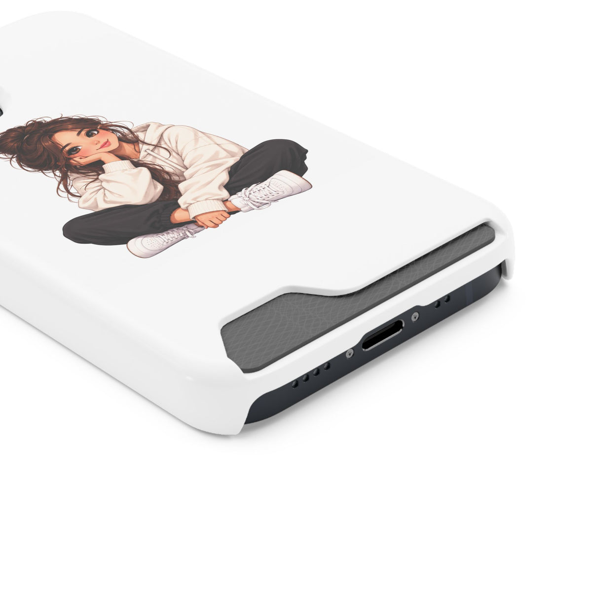 Cute Cozy Girl Phone Case with Card Holder – Anime-Inspired Soft-Hoodie Design