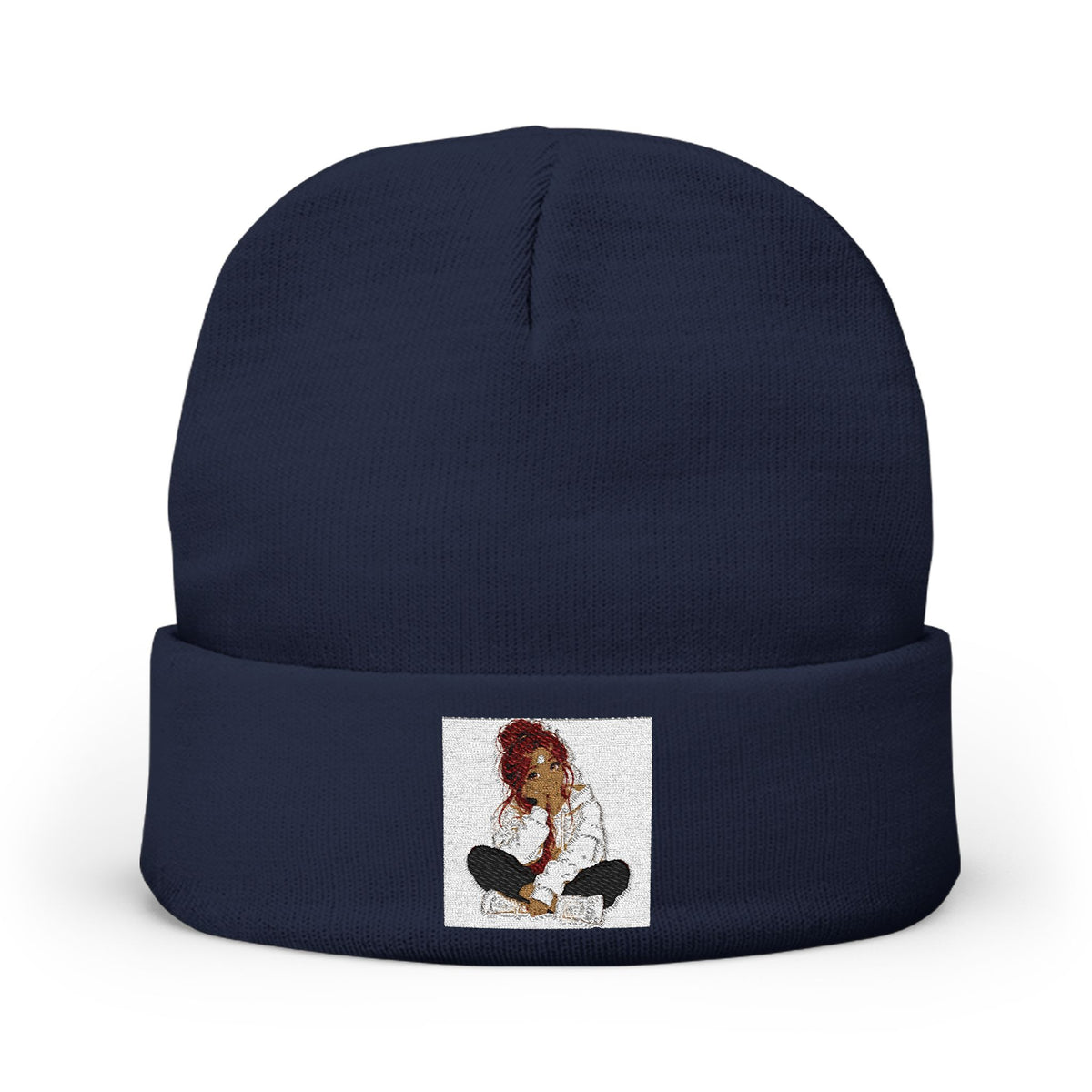 Embroidered Meditating Woman Knit Beanie — Cozy Yoga & Mindfulness Winter Hat