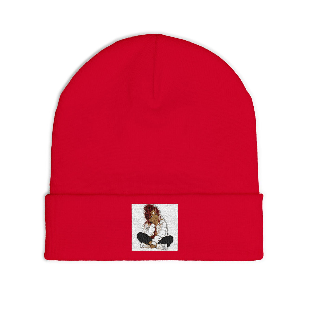 Embroidered Meditating Woman Knit Beanie — Cozy Yoga & Mindfulness Winter Hat