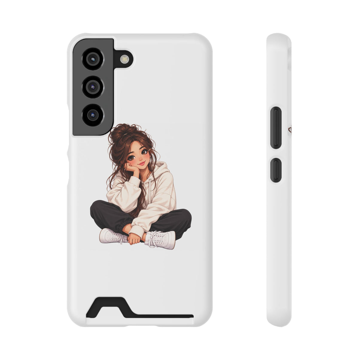 Cute Cozy Girl Phone Case with Card Holder – Anime-Inspired Soft-Hoodie Design