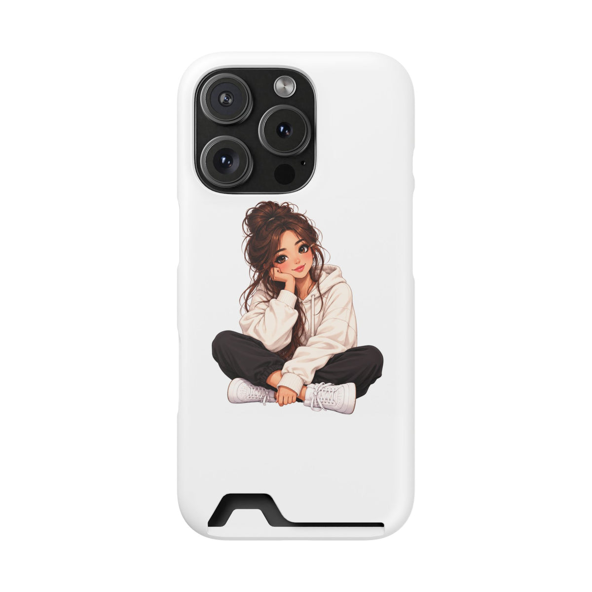 Cute Cozy Girl Phone Case with Card Holder – Anime-Inspired Soft-Hoodie Design
