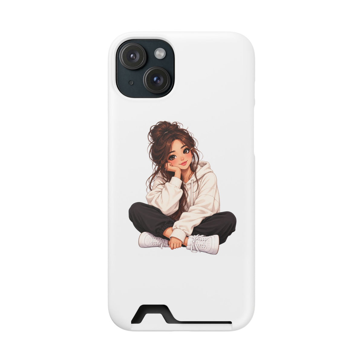Cute Cozy Girl Phone Case with Card Holder – Anime-Inspired Soft-Hoodie Design