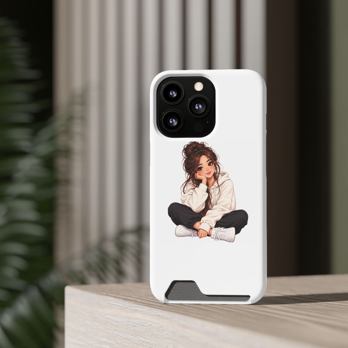 Cute Cozy Girl Phone Case with Card Holder – Anime-Inspired Soft-Hoodie Design