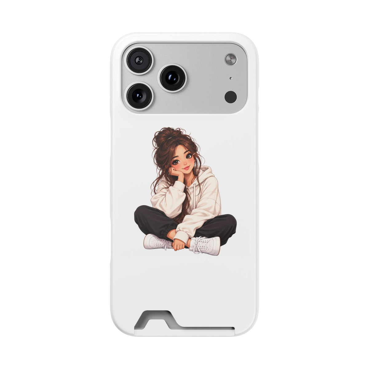 Cute Cozy Girl Phone Case with Card Holder – Anime-Inspired Soft-Hoodie Design
