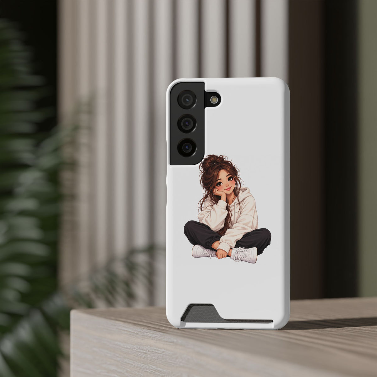 Cute Cozy Girl Phone Case with Card Holder – Anime-Inspired Soft-Hoodie Design