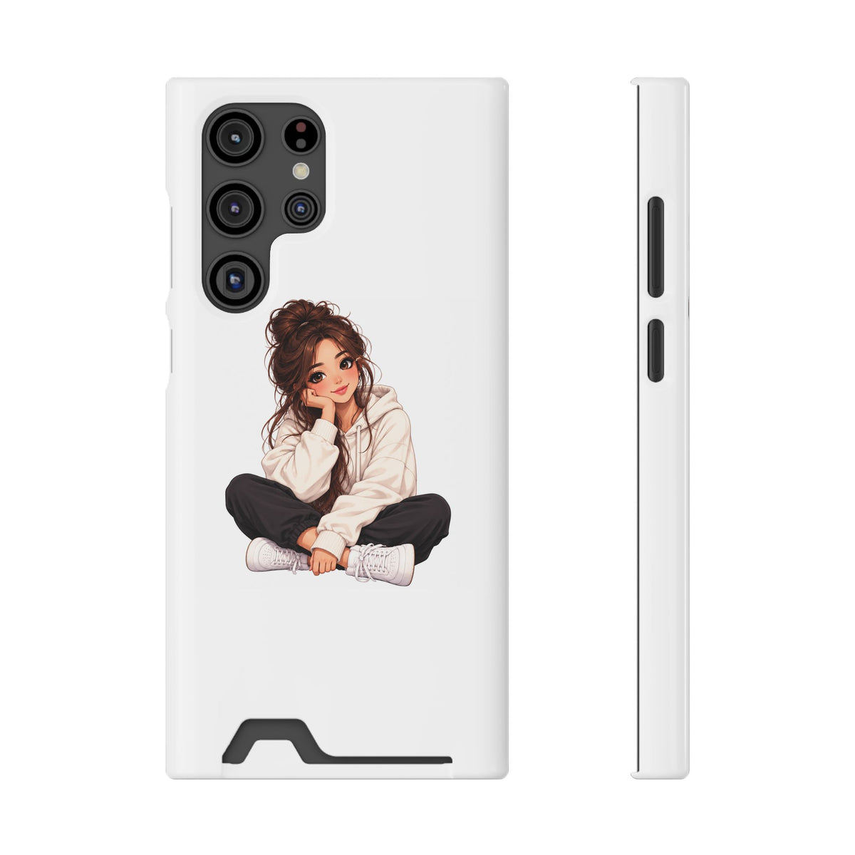 Cute Cozy Girl Phone Case with Card Holder – Anime-Inspired Soft-Hoodie Design