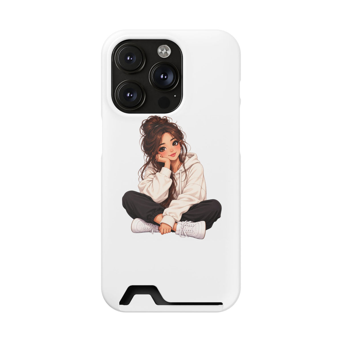 Cute Cozy Girl Phone Case with Card Holder – Anime-Inspired Soft-Hoodie Design