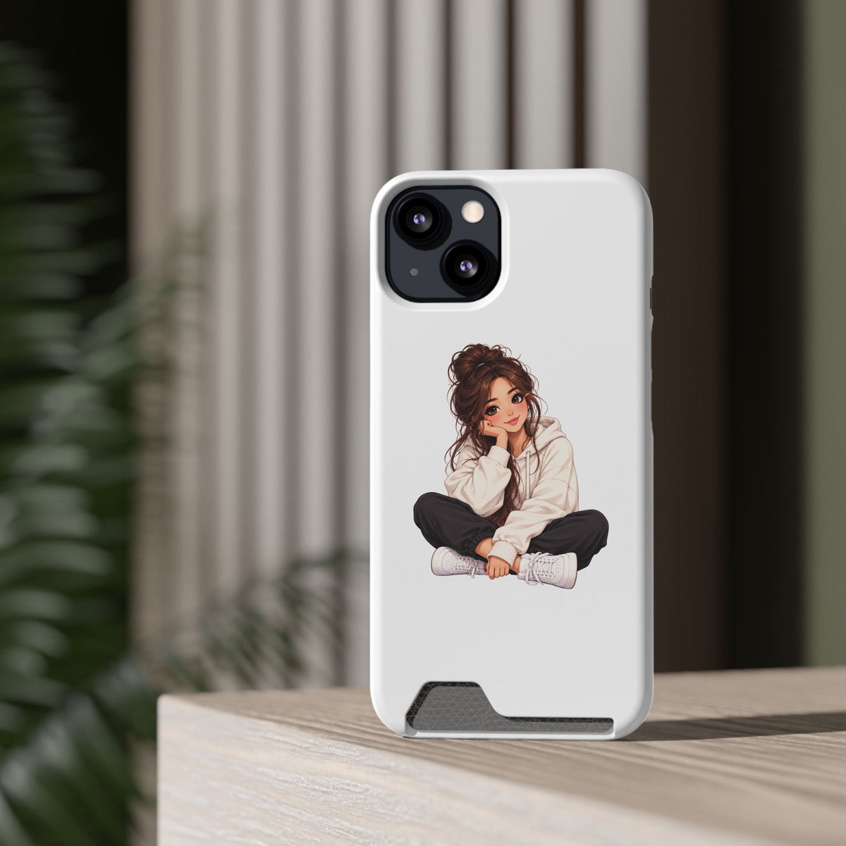 Cute Cozy Girl Phone Case with Card Holder – Anime-Inspired Soft-Hoodie Design