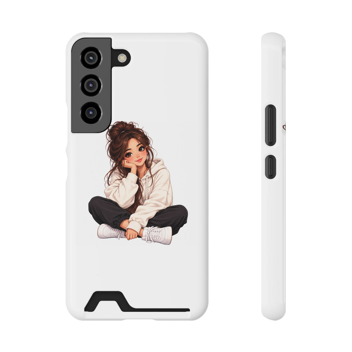 Cute Cozy Girl Phone Case with Card Holder – Anime-Inspired Soft-Hoodie Design