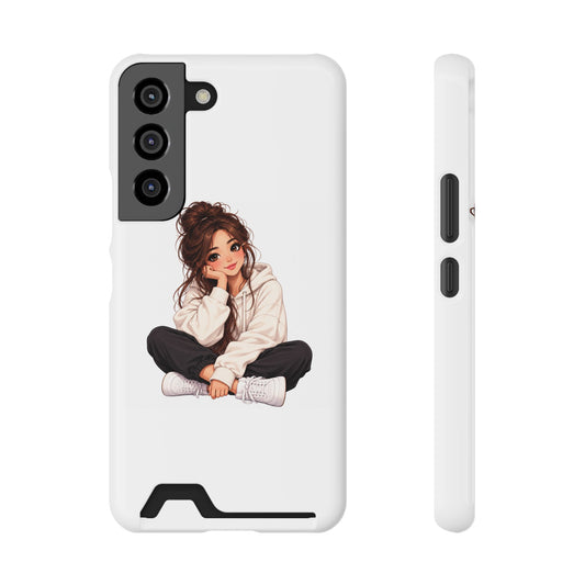 Cute Cozy Girl Phone Case with Card Holder – Anime-Inspired Soft-Hoodie Design
